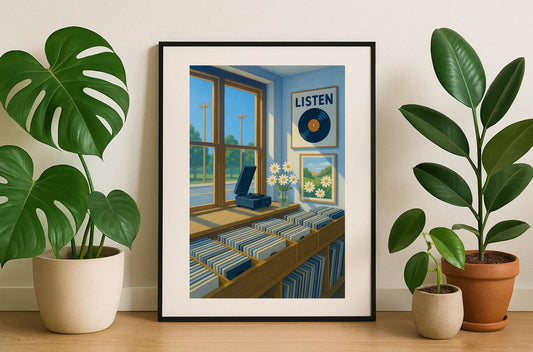 Mid Century Modern Vinyl Record Art Print – Retro Music Room Wall Decor, Record Player Illustration, Vintage Aesthetic Poster, Artwork