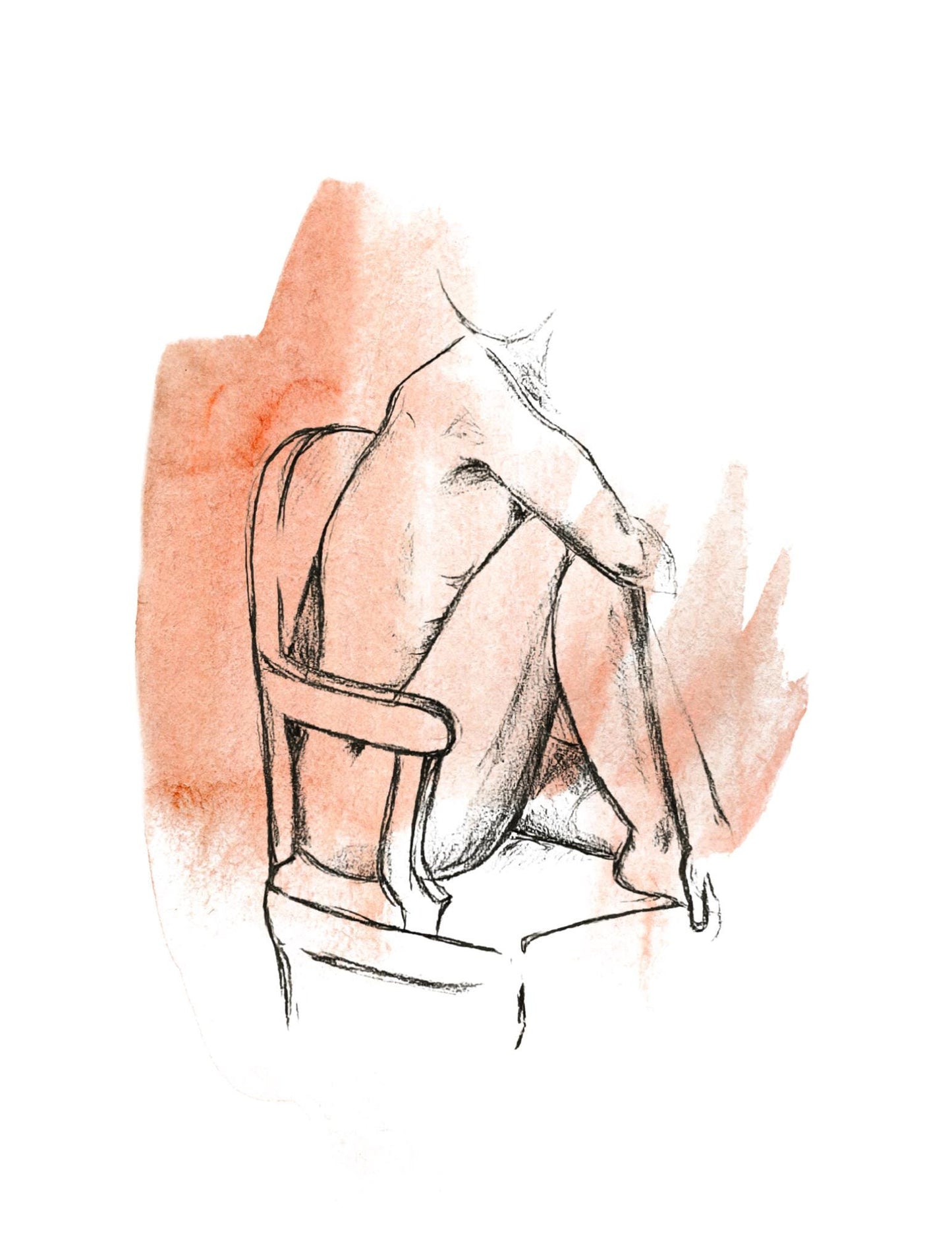 Minimalist Figure Drawing – Female Body Line Art, Watercolor Sketch, Modern Wall Art, Life Drawing, Woman Sitting on Chair