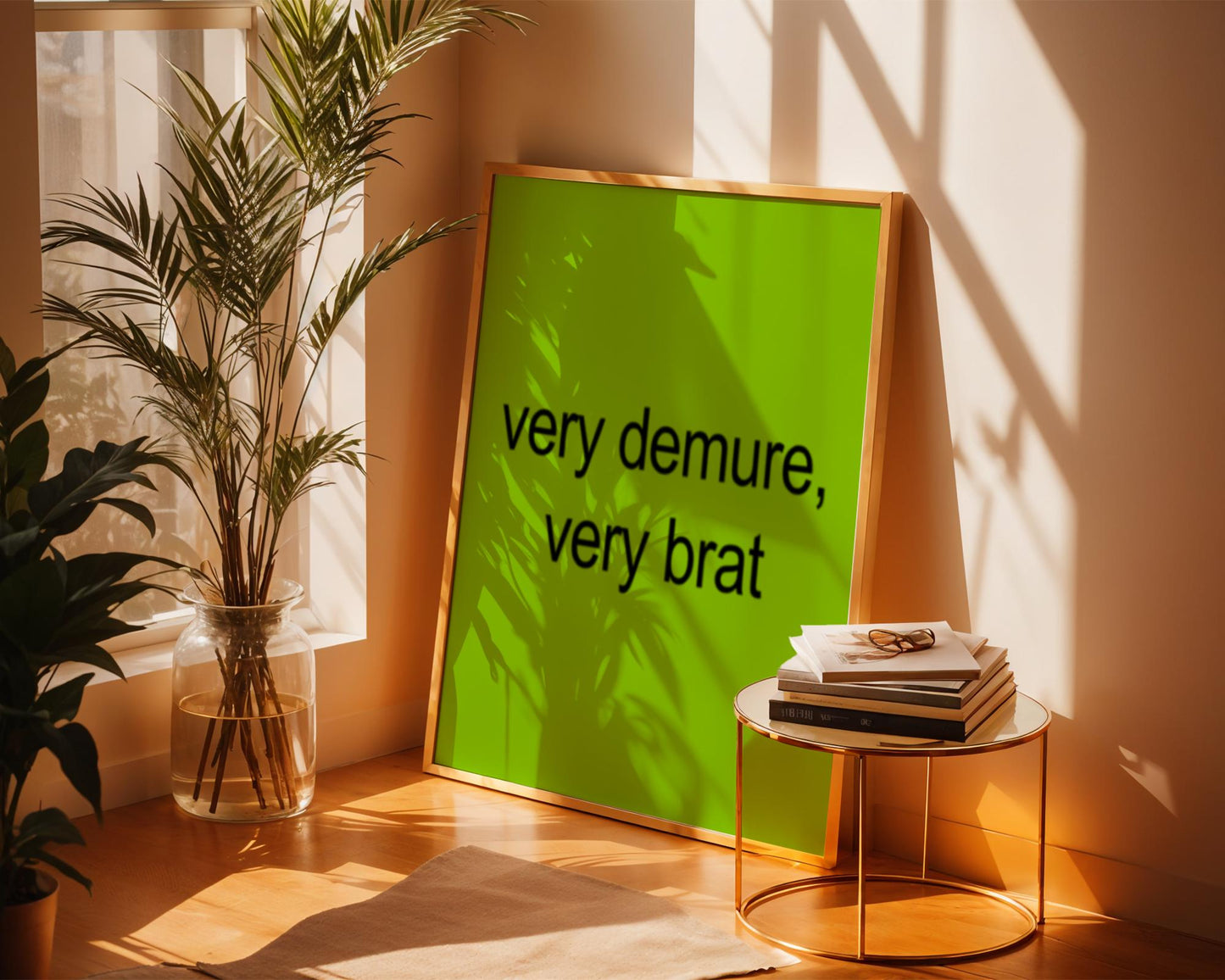 Funny Brat Aesthetic Quote Print - Demure and Bratty Wall Art - Bold Sassy Poster for Bedroom or Dorm - Lime Green Typography Decor