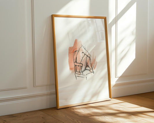 Minimalist Figure Drawing – Female Body Line Art, Watercolor Sketch, Modern Wall Art, Life Drawing, Woman Sitting on Chair