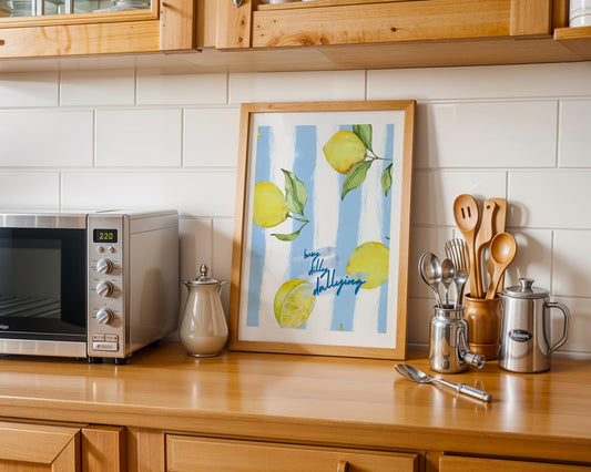 Busy Dilly Dallying Lemon Print | Whimsical Watercolor Fruit Art | Summer Kitchen Wall Decor | Blue Striped Citrus Poster