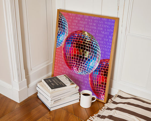 Dancing Queen Disco Ball Wall Art Print – Retro ABBA Lyrics Poster, 70s Party Decor, Colorful Pop Art, Music Lover Gift, Funky Home Decor