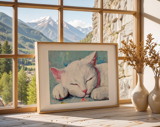 White Cat Sleeping – Acrylic Painting on Canvas, White Kitten Wall Art, Pink Collar Cat Art Print, Pet Lover Gift, Cat Portrait Decor
