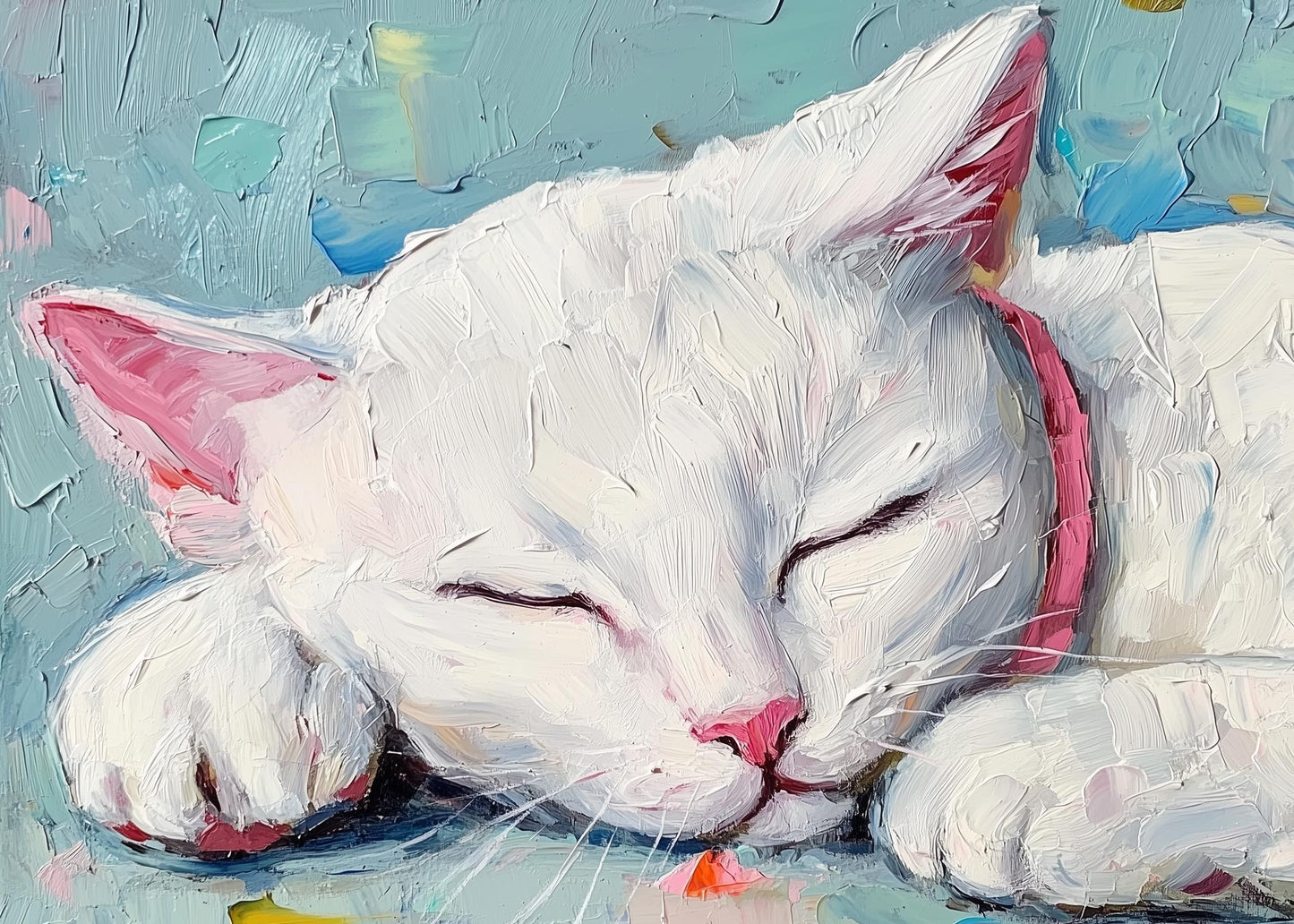 White Cat Sleeping – Acrylic Painting on Canvas, White Kitten Wall Art, Pink Collar Cat Art Print, Pet Lover Gift, Cat Portrait Decor