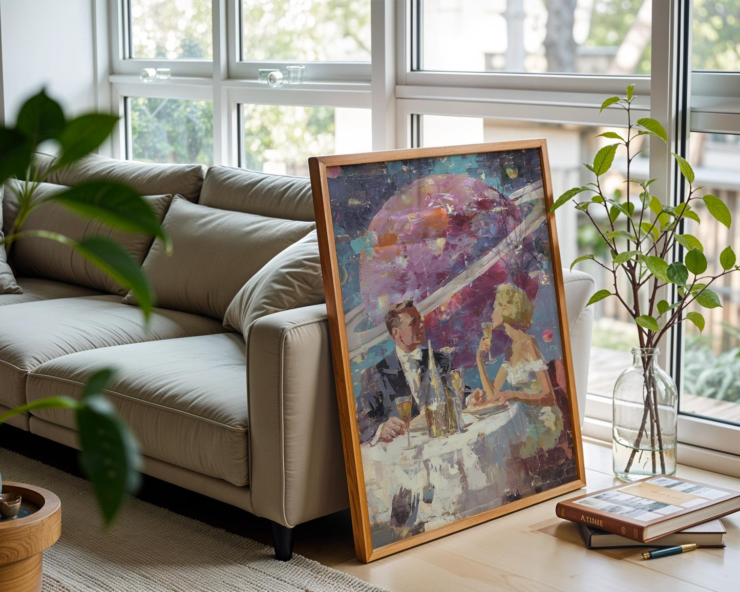 Space Date – Retro Futuristic Romantic Print - Acrylic Painting Style - Midcentury Couple Dining in Space - Saturn Wall Art - Intergalactic