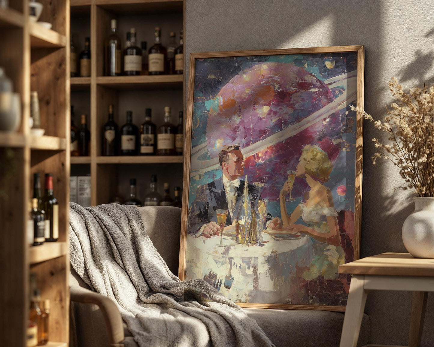 Space Date – Retro Futuristic Romantic Print - Acrylic Painting Style - Midcentury Couple Dining in Space - Saturn Wall Art - Intergalactic