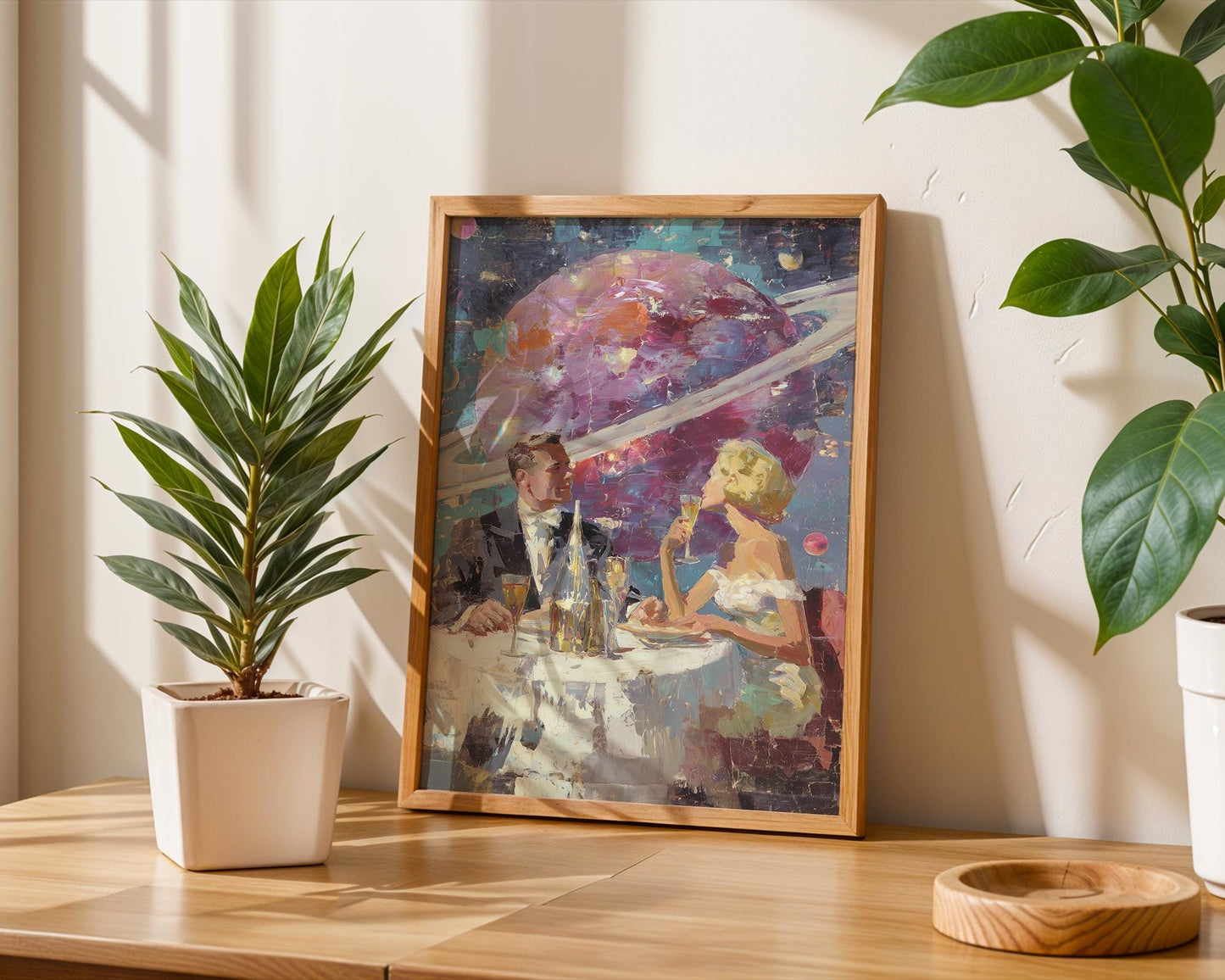Space Date – Retro Futuristic Romantic Print - Acrylic Painting Style - Midcentury Couple Dining in Space - Saturn Wall Art - Intergalactic