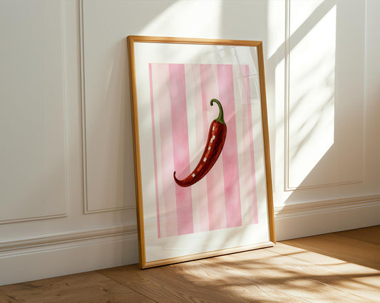 Disco Chili Pepper Wall Art – Funky Red Hot Pepper Print, Pink Striped Kitchen Decor, Retro Spicy Vegetable Poster, Y2K Aesthetic Art