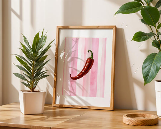 Disco Chili Pepper Wall Art – Funky Red Hot Pepper Print, Pink Striped Kitchen Decor, Retro Spicy Vegetable Poster, Y2K Aesthetic Art
