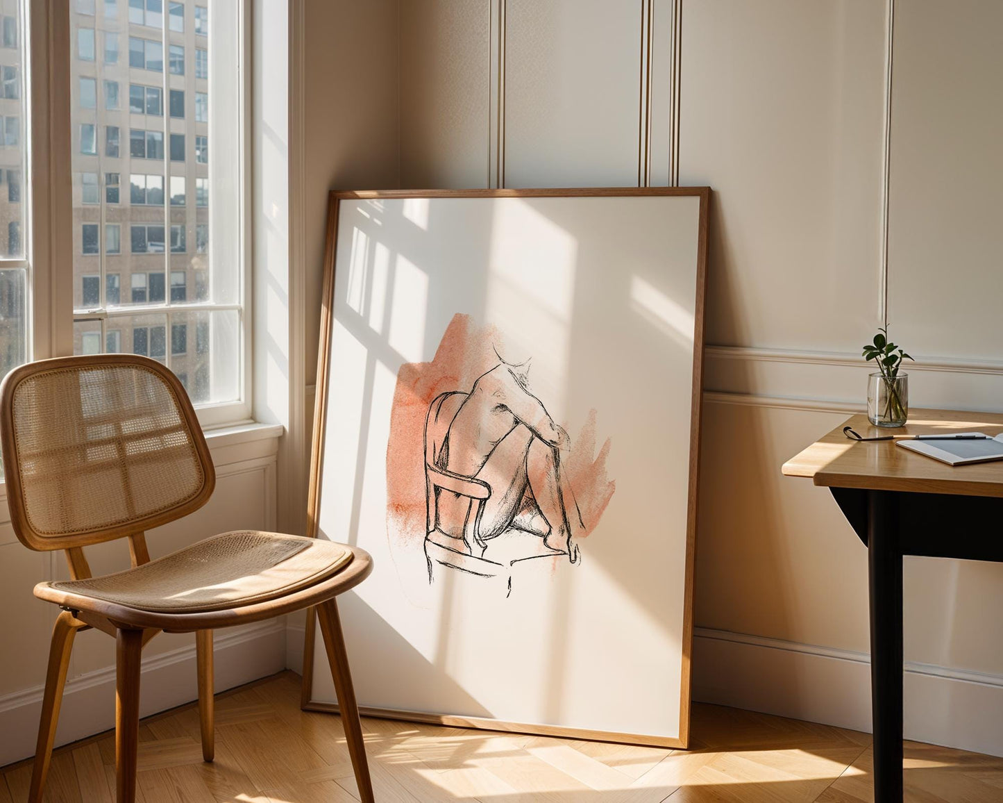 Minimalist Figure Drawing – Female Body Line Art, Watercolor Sketch, Modern Wall Art, Life Drawing, Woman Sitting on Chair