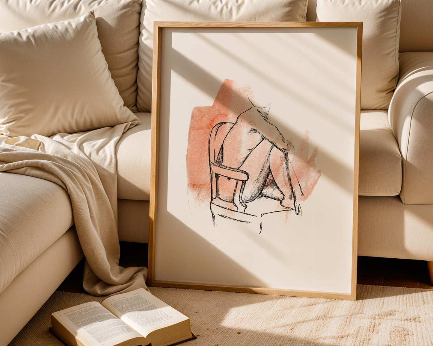 Minimalist Figure Drawing – Female Body Line Art, Watercolor Sketch, Modern Wall Art, Life Drawing, Woman Sitting on Chair