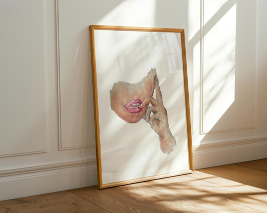 Minimalist Watercolor Lips Wall Art – Feminine Hand and Mouth Illustration – Modern Line Art Print – Aesthetic Portrait – Boho Chic Decor