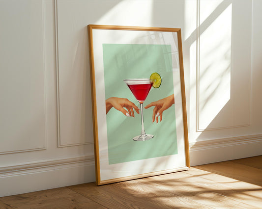 Cosmopolitan Cocktail Wall Art – Modern Feminine Martini Print with Lime, Elegant Hands Aesthetic, Pink Drink Bar Decor, Glam Kitchen Art