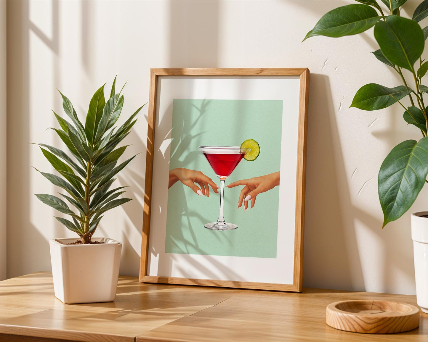 Cosmopolitan Cocktail Wall Art – Modern Feminine Martini Print with Lime, Elegant Hands Aesthetic, Pink Drink Bar Decor, Glam Kitchen Art