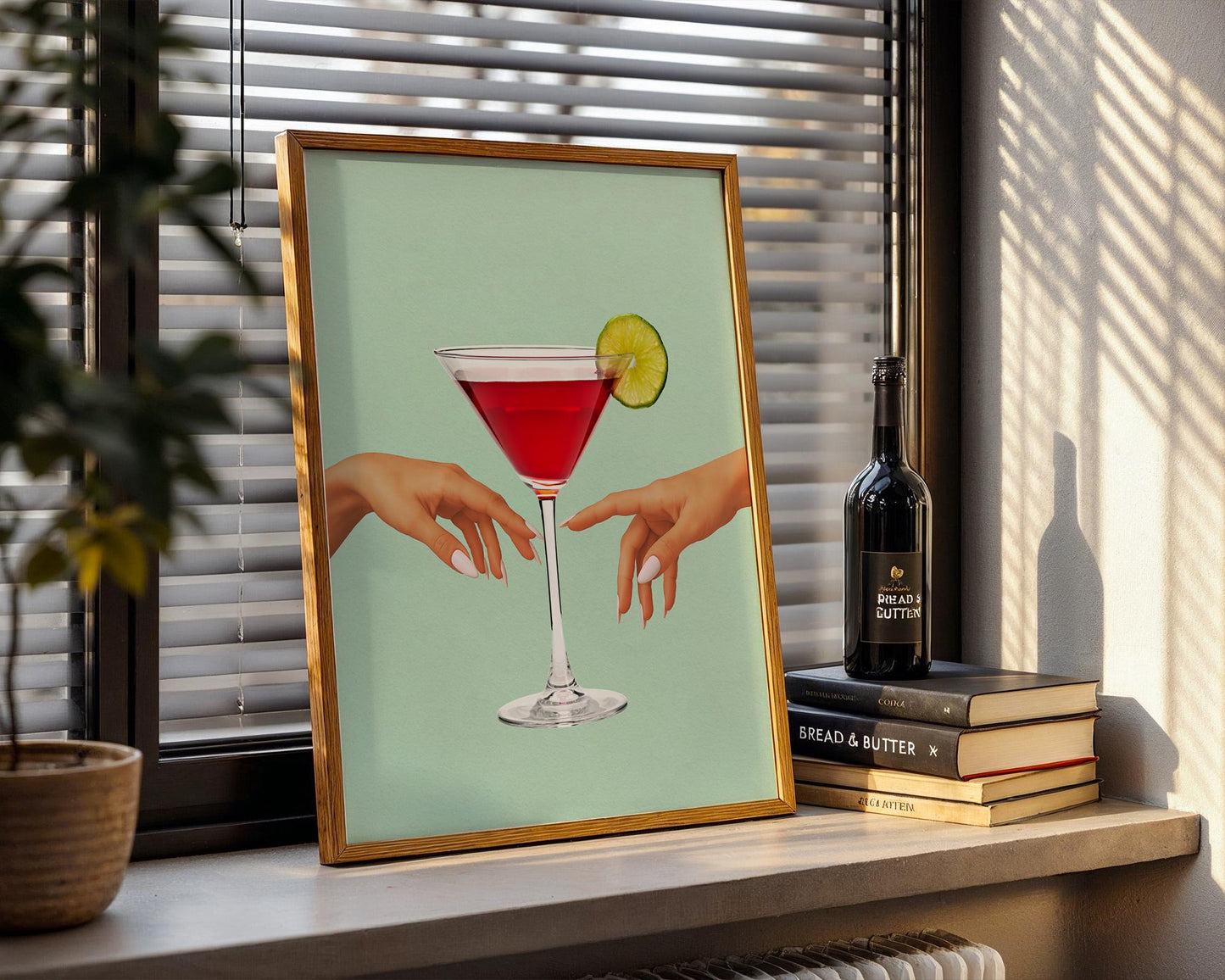 Cosmopolitan Cocktail Wall Art – Modern Feminine Martini Print with Lime, Elegant Hands Aesthetic, Pink Drink Bar Decor, Glam Kitchen Art