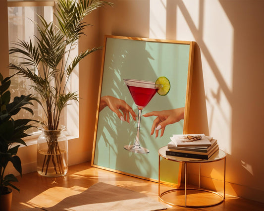 Cosmopolitan Cocktail Wall Art – Modern Feminine Martini Print with Lime, Elegant Hands Aesthetic, Pink Drink Bar Decor, Glam Kitchen Art