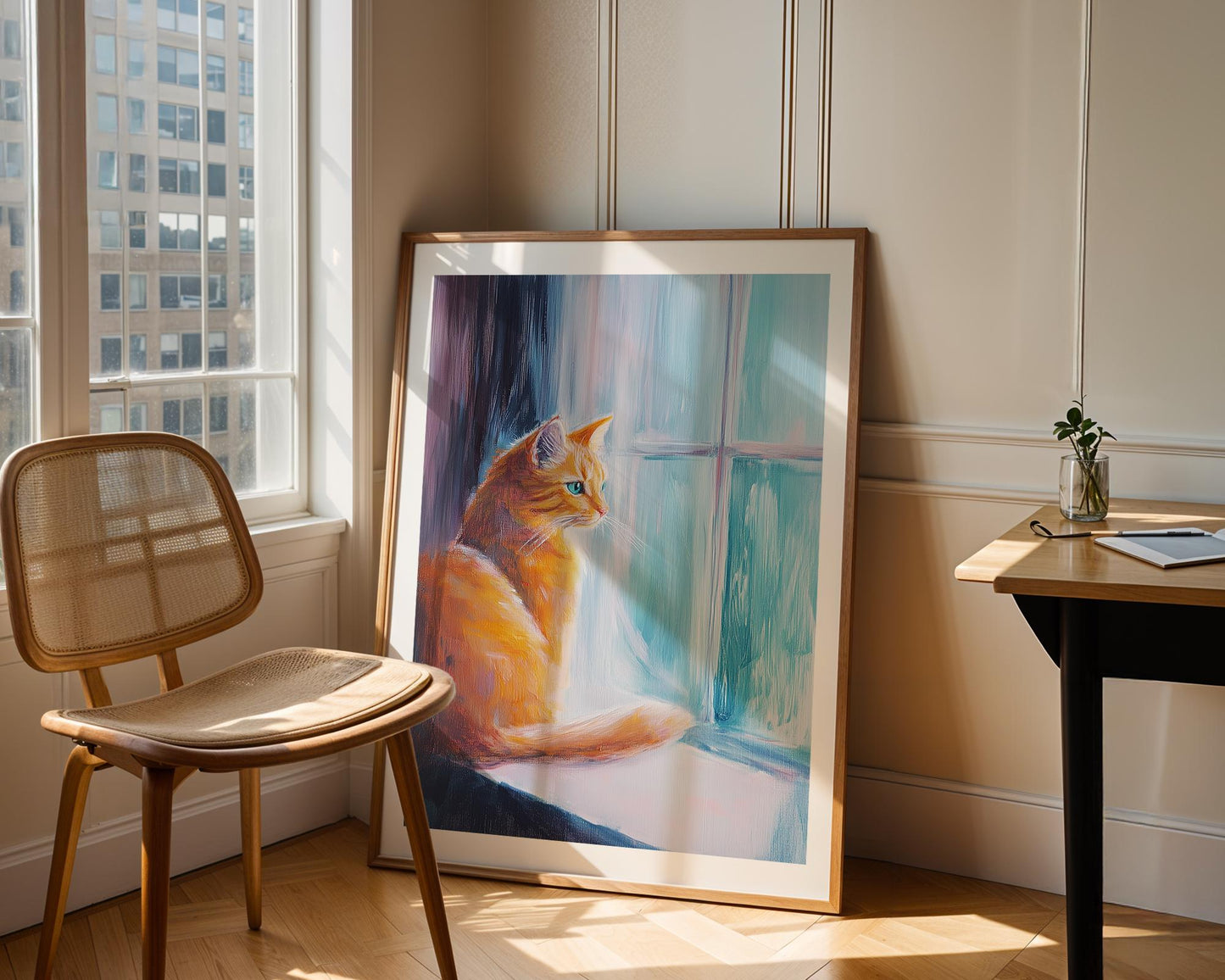 Orange Cat Acrylic Painting – Cute Cat Looking Out Window, Pastel Wall Art, Blue Eyes Feline Artwork, Whimsical Pet Decor, Cat Lover Gift