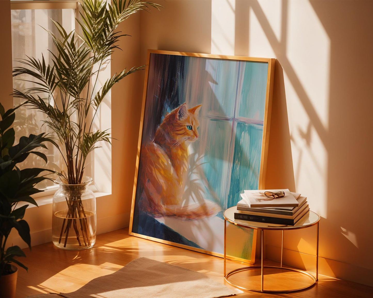 Orange Cat Acrylic Painting – Cute Cat Looking Out Window, Pastel Wall Art, Blue Eyes Feline Artwork, Whimsical Pet Decor, Cat Lover Gift