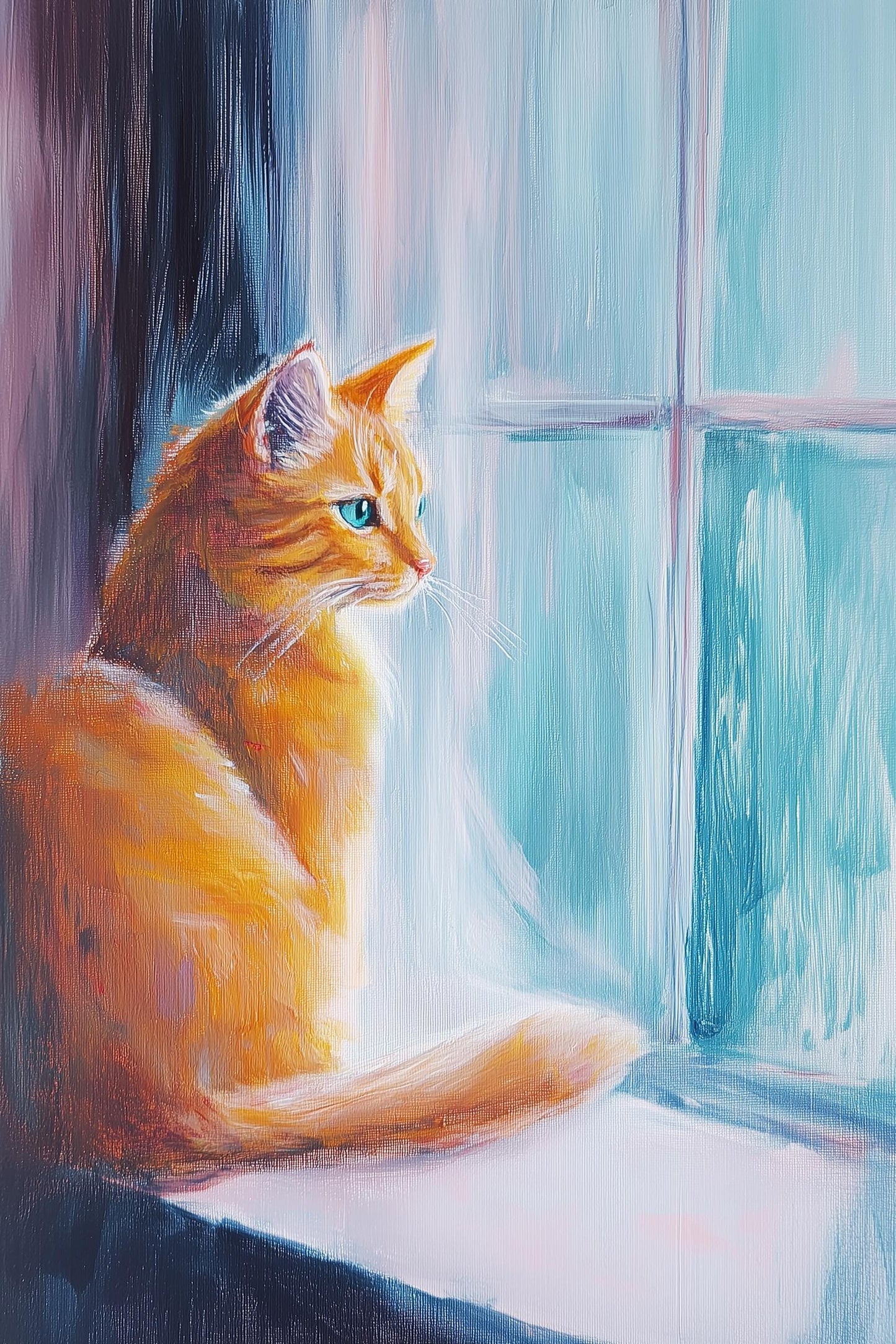 Orange Cat Acrylic Painting – Cute Cat Looking Out Window, Pastel Wall Art, Blue Eyes Feline Artwork, Whimsical Pet Decor, Cat Lover Gift