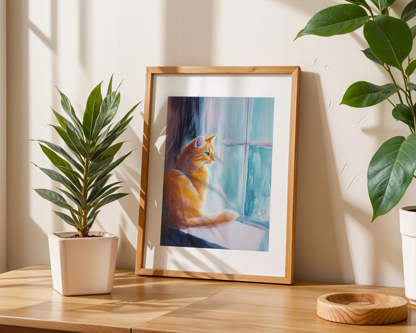 Orange Cat Acrylic Painting – Cute Cat Looking Out Window, Pastel Wall Art, Blue Eyes Feline Artwork, Whimsical Pet Decor, Cat Lover Gift