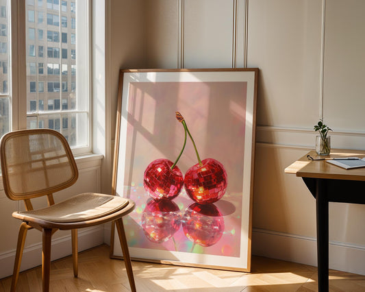 Cherry Disco Ball Art Print – Retro Red Cherries Wall Decor, Funky Fruit Pop Art, Glossy Painting Style, Vibrant Kitchen or Party Room Art