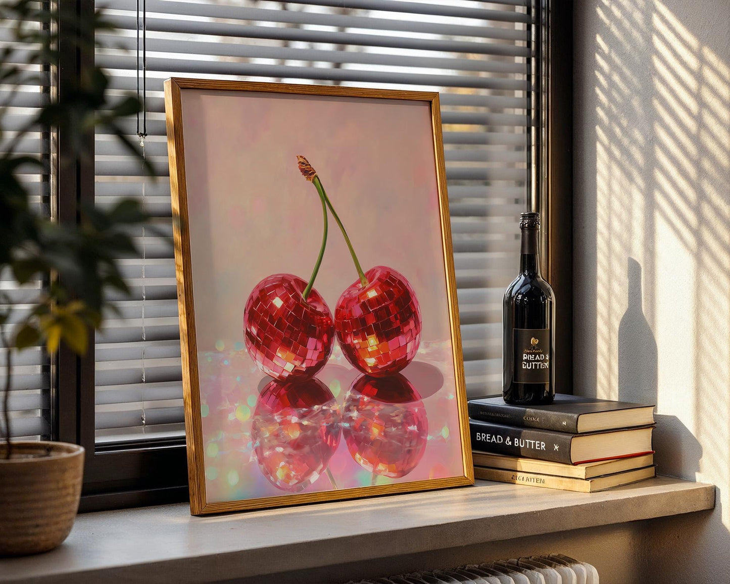 Cherry Disco Ball Art Print – Retro Red Cherries Wall Decor, Funky Fruit Pop Art, Glossy Painting Style, Vibrant Kitchen or Party Room Art