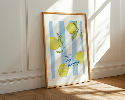 Busy Dilly Dallying Lemon Print | Whimsical Watercolor Fruit Art | Summer Kitchen Wall Decor | Blue Striped Citrus Poster