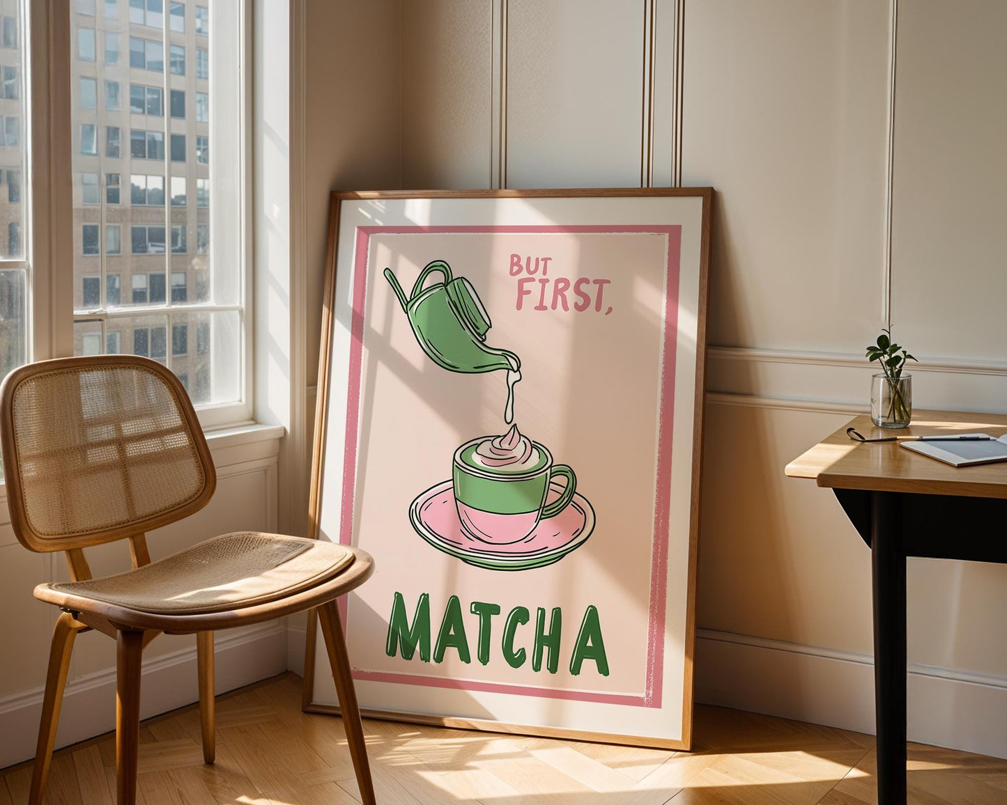Matcha Art Print – But First Matcha Poster – Matcha Latte Wall Art – Green Tea Kitchen Decor – Cute Café Aesthetic Illustration – Tea Gift