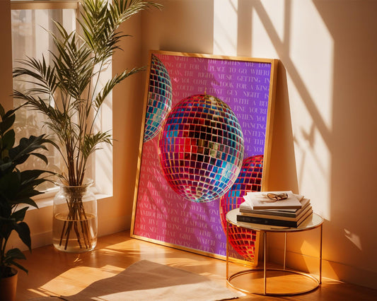 Dancing Queen Disco Ball Wall Art Print – Retro ABBA Lyrics Poster, 70s Party Decor, Colorful Pop Art, Music Lover Gift, Funky Home Decor