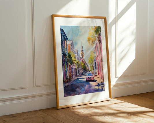 Charleston SC Watercolor Print – Historic Downtown Street with Church Steeple, Palm Trees & Colorful Homes – Southern City Wall Art Decor