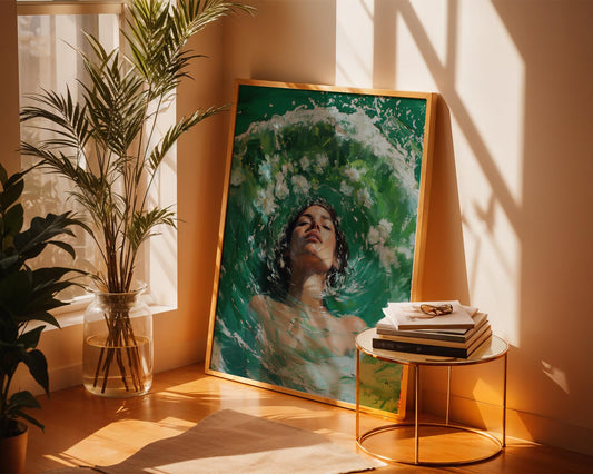 Woman in Water Oil Painting Print - Ethereal Female Portrait with Flowers, Green Aqua Brushstrokes, Dreamy Surreal Art Wall Decor