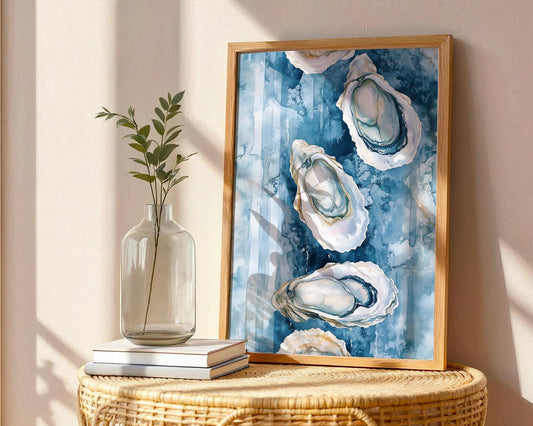 Oyster Watercolor Wall Art - Coastal Kitchen Decor - Blue Sea Shell Print
