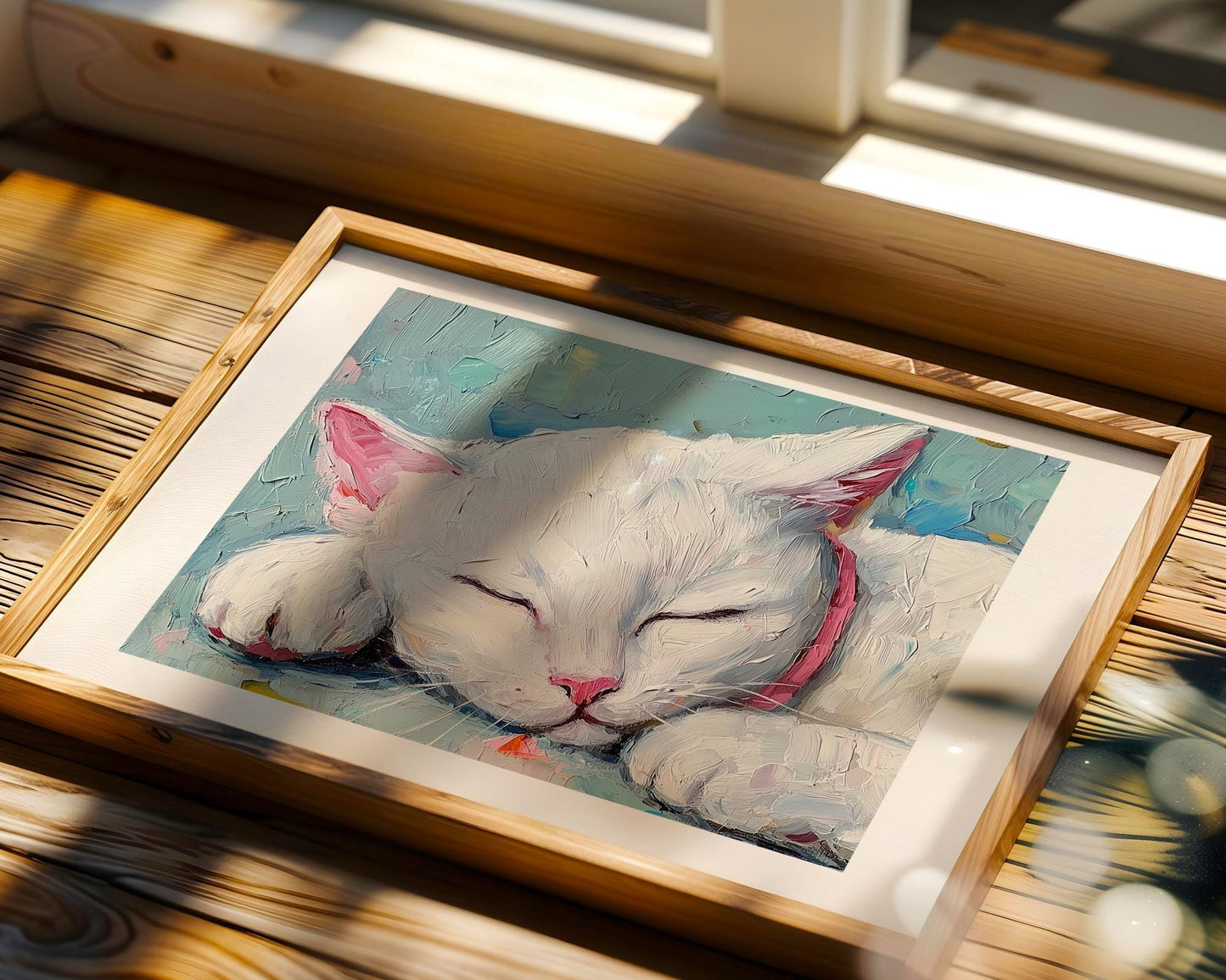 White Cat Sleeping – Acrylic Painting on Canvas, White Kitten Wall Art, Pink Collar Cat Art Print, Pet Lover Gift, Cat Portrait Decor
