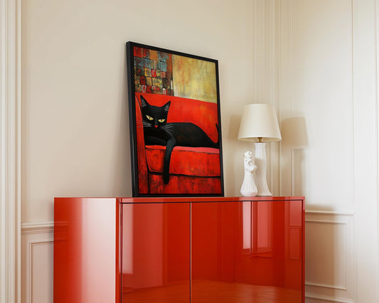 Black Cat - Wall Art Print - Sassy Cat - Red Couch Painting - Cocktail Lounge Decor - Colorful Decor - Cat Lover - Eclectic Living Room Art