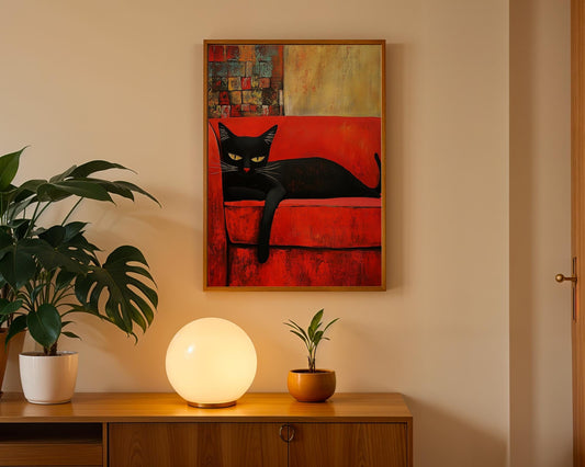 Black Cat - Wall Art Print - Sassy Cat - Red Couch Painting - Cocktail Lounge Decor - Colorful Decor - Cat Lover - Eclectic Living Room Art