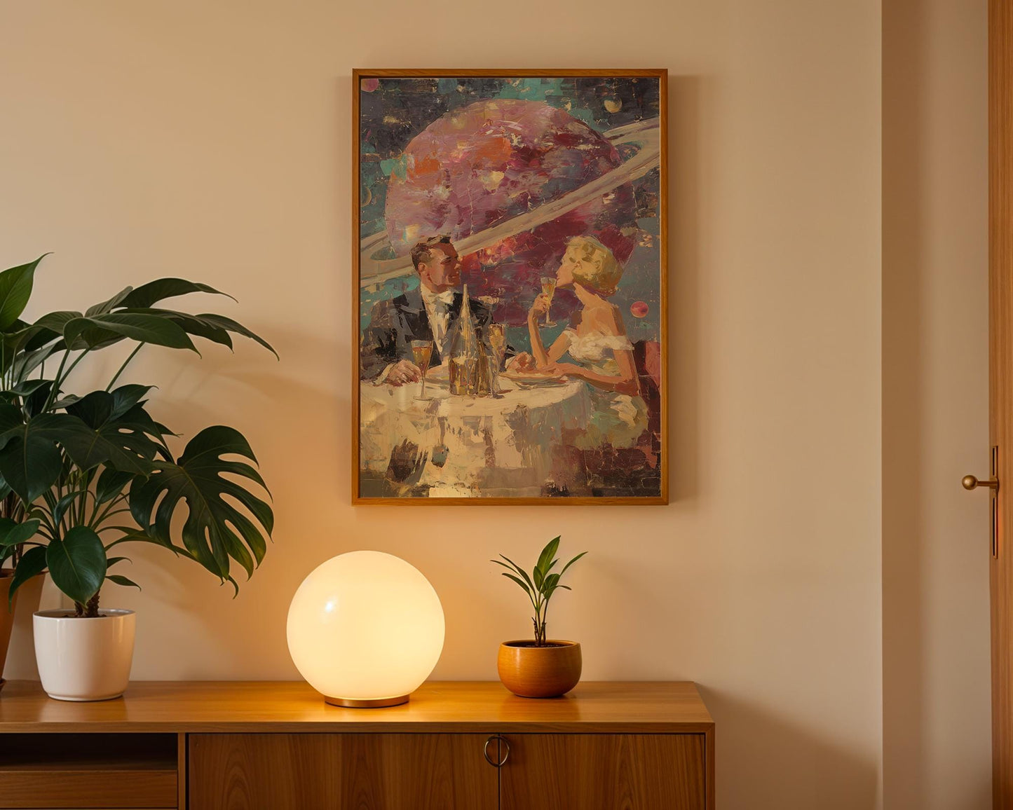 Space Date – Retro Futuristic Romantic Print - Acrylic Painting Style - Midcentury Couple Dining in Space - Saturn Wall Art - Intergalactic