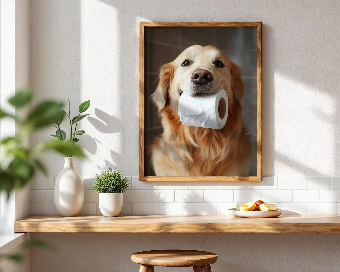 Golden Retriever Holding Toilet Paper Roll β Funny Dog Bathroom Wall Art, Cute Pet Photography, Golden Retriever Decor for Dog Lovers