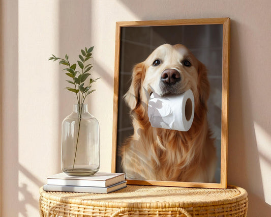 Golden Retriever Holding Toilet Paper Roll – Funny Dog Bathroom Wall Art, Cute Pet Photography, Golden Retriever Decor for Dog Lovers