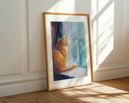 Orange Cat Acrylic Painting – Cute Cat Looking Out Window, Pastel Wall Art, Blue Eyes Feline Artwork, Whimsical Pet Decor, Cat Lover Gift