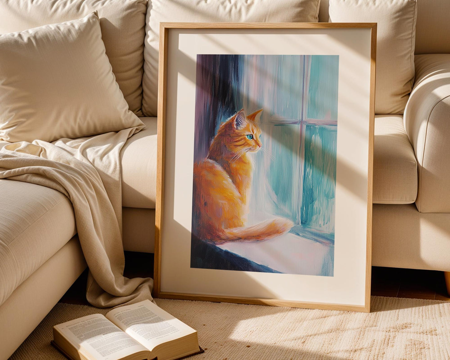Orange Cat Acrylic Painting – Cute Cat Looking Out Window, Pastel Wall Art, Blue Eyes Feline Artwork, Whimsical Pet Decor, Cat Lover Gift