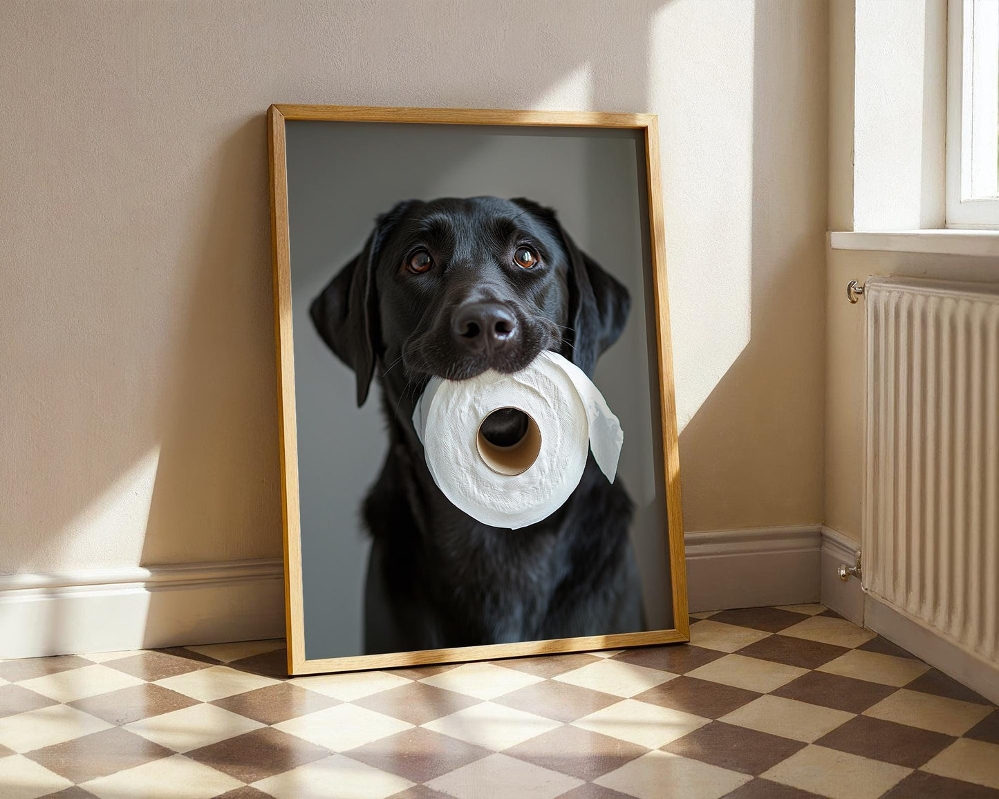 Black Labrador Holding Toilet Paper β Funny Dog Bathroom Wall Art, Cute Lab Print for Dog Lovers, Unframed Pet Photography Decor