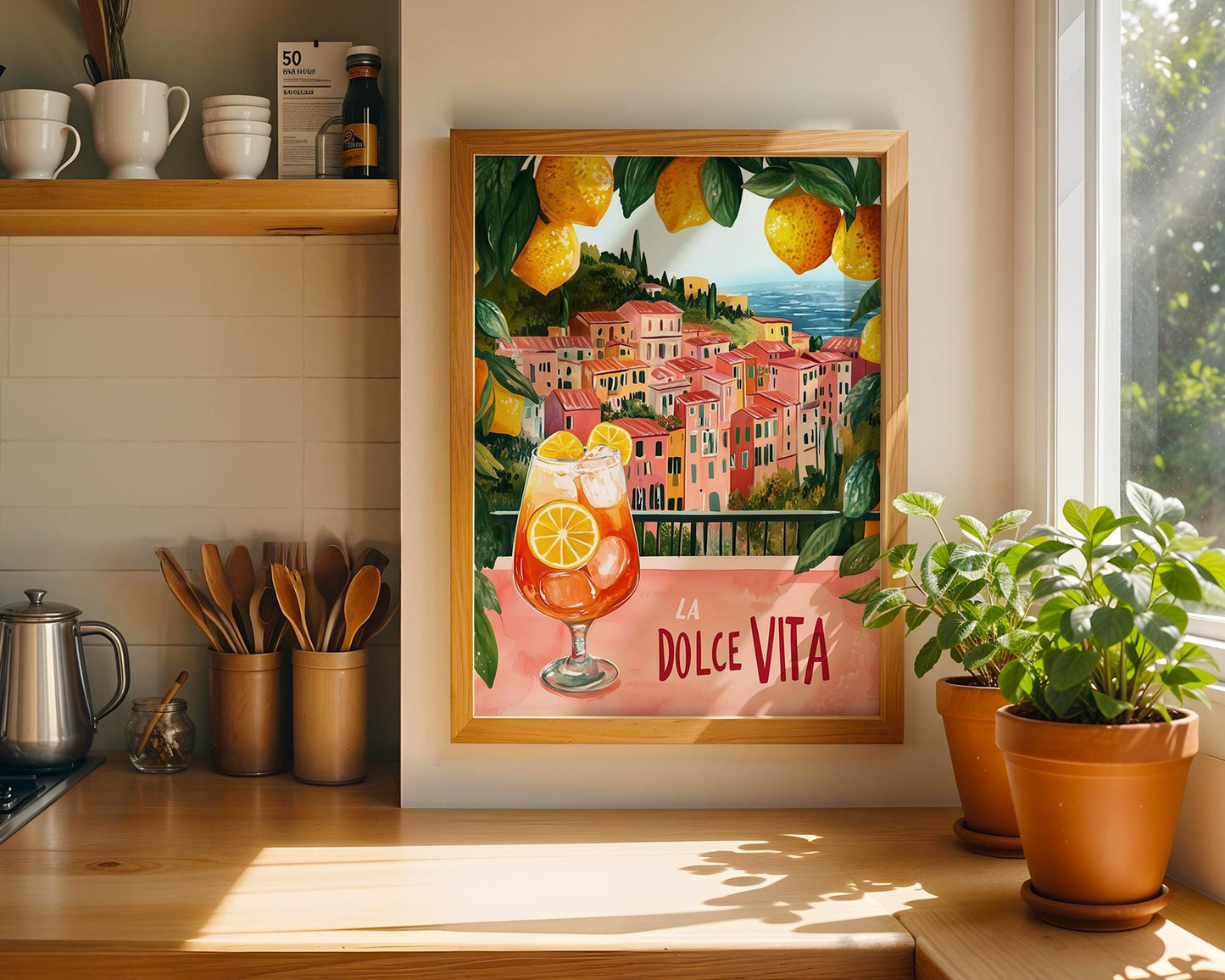 La Dolce Vita Mediterranean Print – Italian Coast Poster, Lemon Art, Aperol Spritz Illustration, Amalfi Coast Wall Decor Kitchen or Bar Art