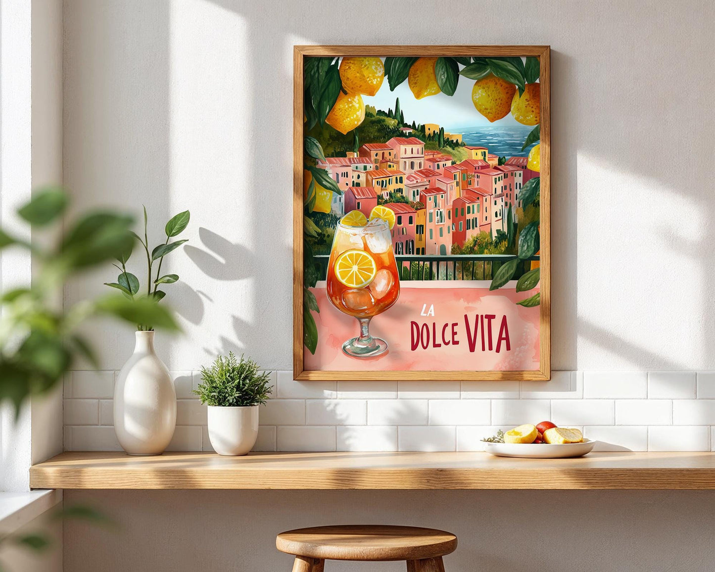 La Dolce Vita Mediterranean Print – Italian Coast Poster, Lemon Art, Aperol Spritz Illustration, Amalfi Coast Wall Decor Kitchen or Bar Art