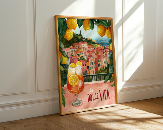 La Dolce Vita Mediterranean Print – Italian Coast Poster, Lemon Art, Aperol Spritz Illustration, Amalfi Coast Wall Decor Kitchen or Bar Art