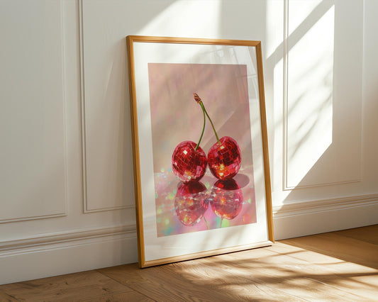 Cherry Disco Ball Art Print – Retro Red Cherries Wall Decor, Funky Fruit Pop Art, Glossy Painting Style, Vibrant Kitchen or Party Room Art