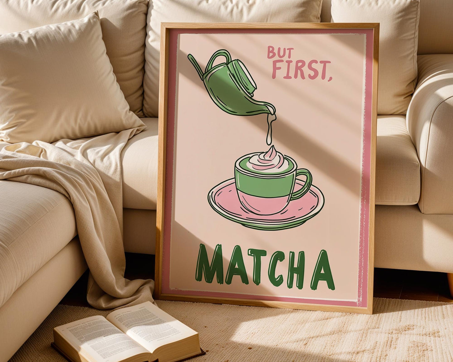 Matcha Art Print – But First Matcha Poster – Matcha Latte Wall Art – Green Tea Kitchen Decor – Cute Café Aesthetic Illustration – Tea Gift