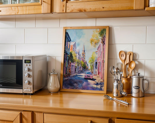 Charleston SC Watercolor Print – Historic Downtown Street with Church Steeple, Palm Trees & Colorful Homes – Southern City Wall Art Decor