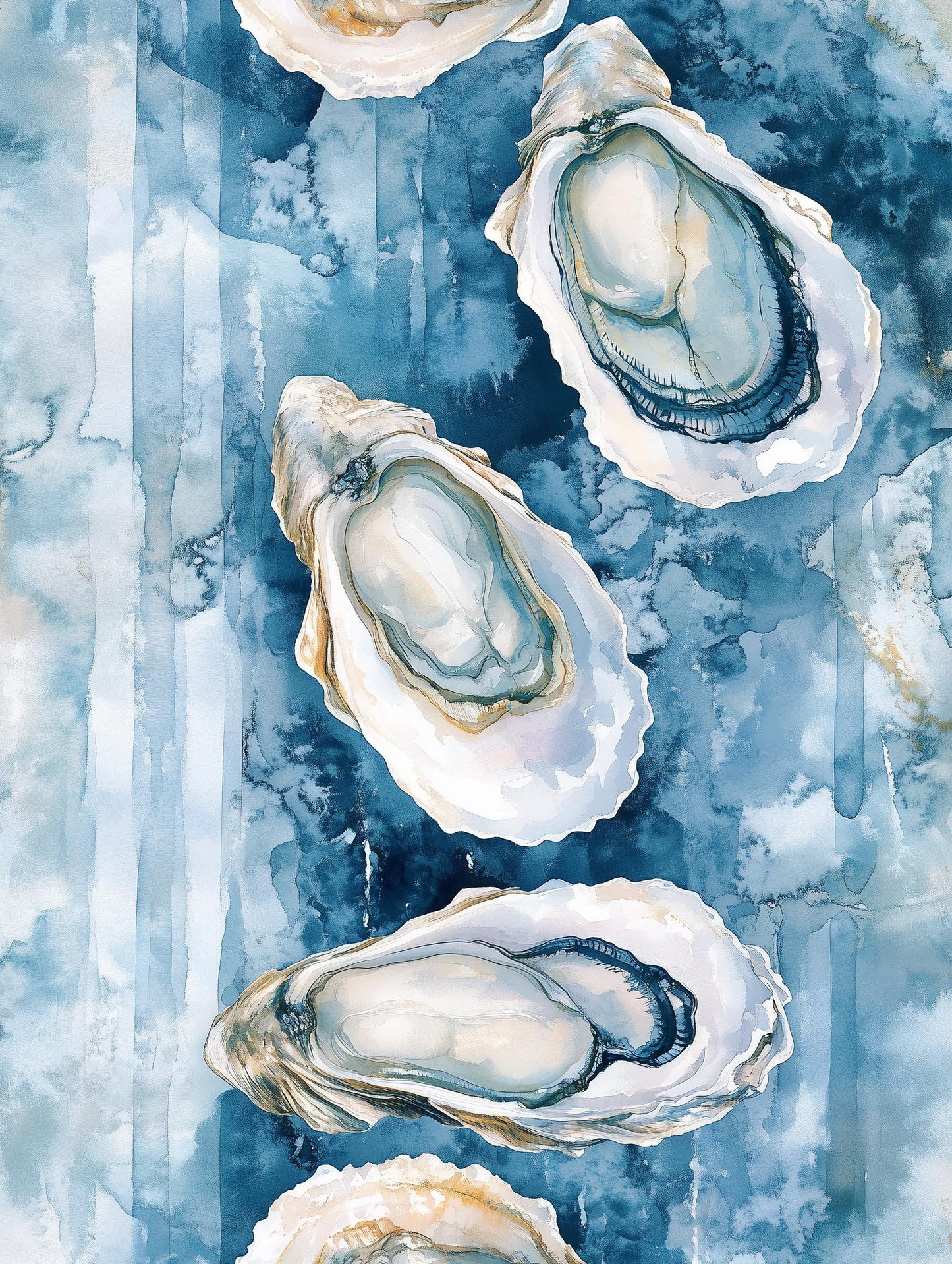 Oyster Watercolor Wall Art - Coastal Kitchen Decor - Blue Sea Shell Print