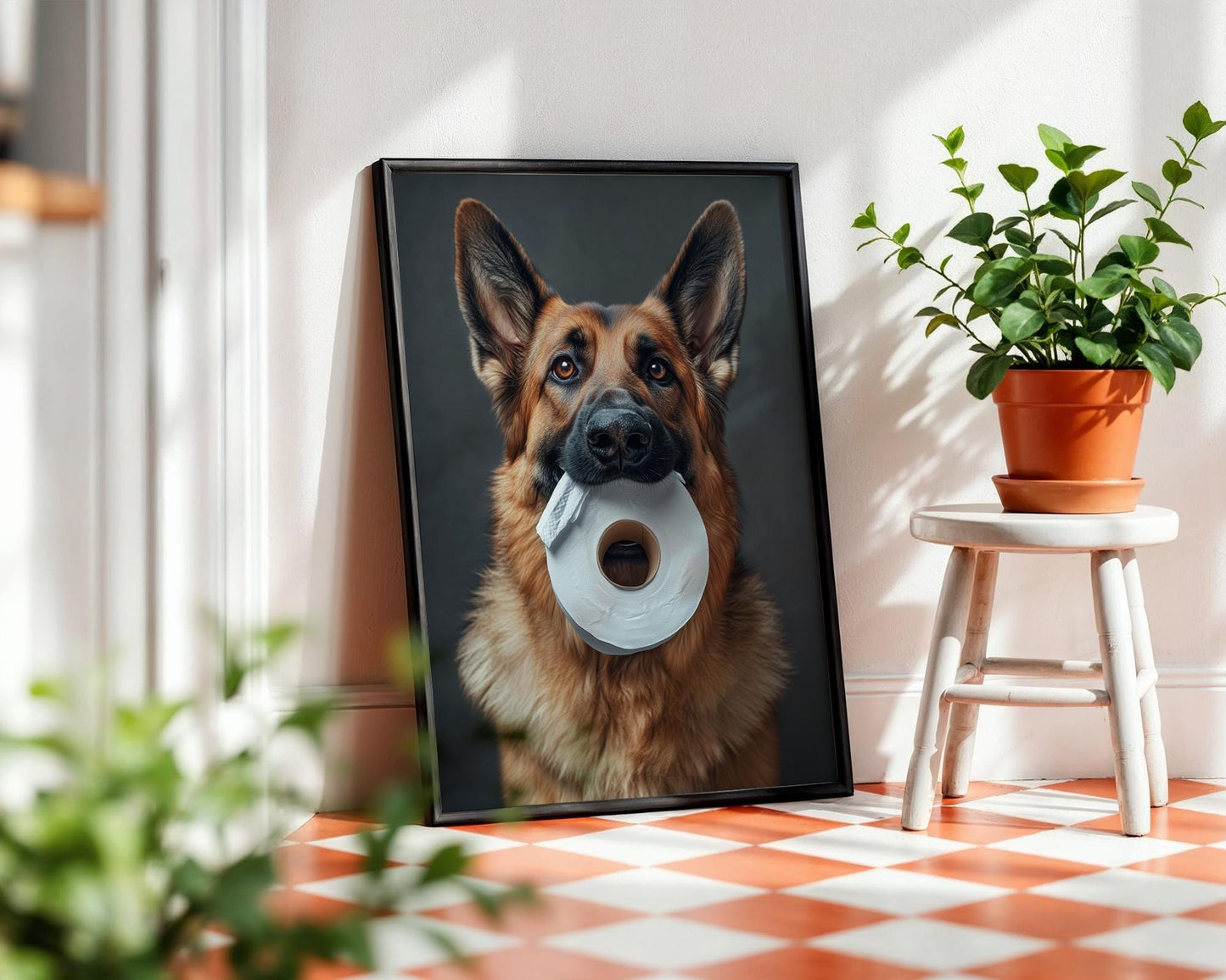 Funny German Shepherd Dog Holding Toilet Paper Roll β Cute Pet Wall Art, Gag Gift, Bathroom Decor for Dog Lovers