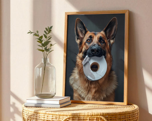 Funny German Shepherd Dog Holding Toilet Paper Roll – Cute Pet Wall Art, Gag Gift, Bathroom Decor for Dog Lovers